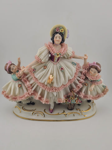 Rare Antique Dresden Porcelain Germany Lace Mother with Daughters and Flowers