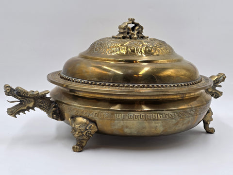Antique Chinese Brass Dragon Handle Lidded Tureen Qing Hot Pot with Foo Dog Lid