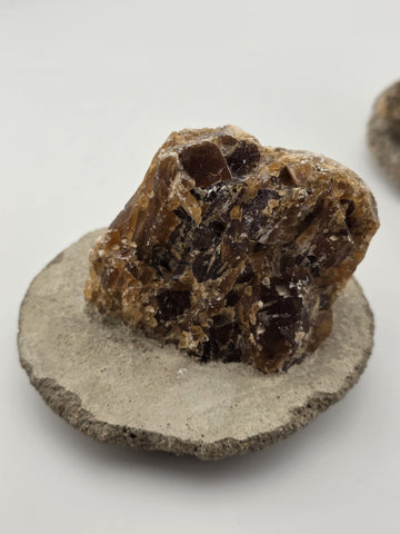 2 Natural Honey Brown Crystal Mineral Clusters Barite on Concrete Display Bases