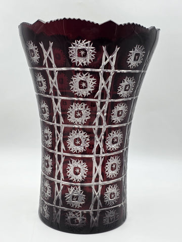 Rare Huge XL Bohemian Czech Ruby Cut to Clear Crystal Vase 14" Star Pattern