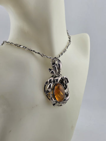 Antique Heavy Mid Century 925 Sterling Silver & Baltic Amber Pendant& Necklace.