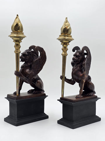 Rare Pair of Antique Late 19th C Heavy Bronze Griffin bookends/ Candleholders.