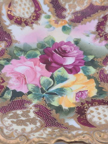 Antique Royal Kinran Nippon HandPainted Platter Moriage Pink Yellow Rose Gold