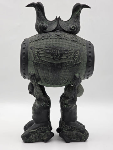 Antique Old China Bronze Ware Dynasty Dragon Head Kneel People Drum Statue 15 in