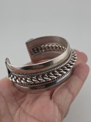 Heavy Native American Triple Beaded Silver 0.999  Cuff Bracelet 92g Navajo Style