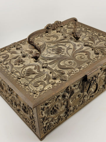 Antique Victorian Renaissance 1880 German Brass Repousse Jewelry Casket/ Trinket