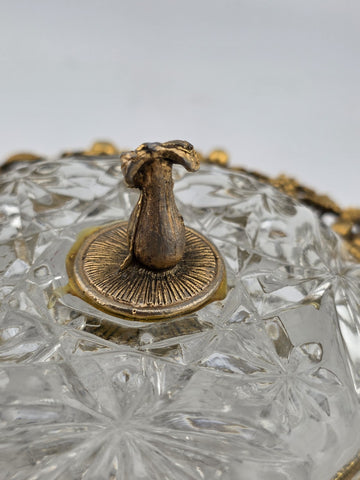 Antique Victorian Ormolu Cut Crystal Covered Vanity Dish W Floral Lid, C 1890.