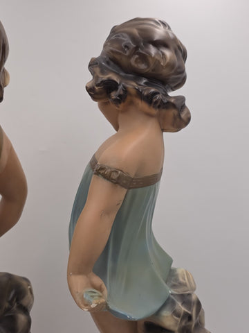 Paor huge 1920 French Art Deco Chalkware polychrome boy & girl figurine statues