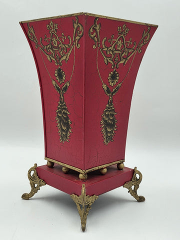 Antique 1940 Hollywood Regency Red Gold Toleware Planter Cachepot Louis XV Style