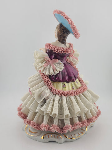 Mid Century Authentic Dresden Lace Porcelain Lady Figurine Rococo Dress Handmade