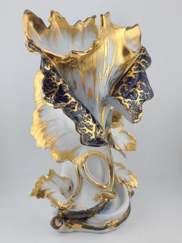 Rare Antique 19th C Porcelain Iris Spill Vase Gold Gilt Cobalt Floral. 11 Inch