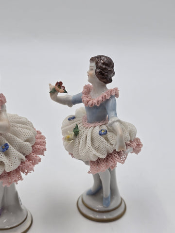 Vintage Dresden Style Porcelain Lace Ballerina Dancer Figurines Pair German 4"