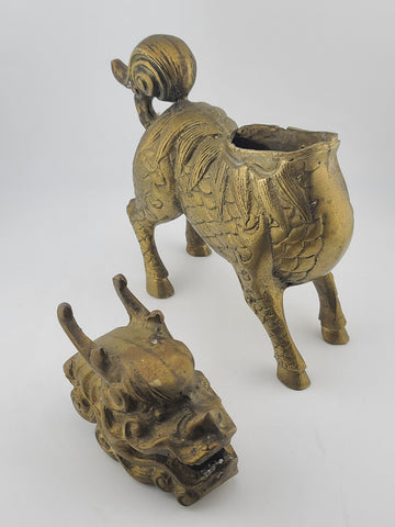 Chinese Brass Kirin Head Deer Feet Statue Incense Burner 6.5x2.25x6.5" Antique