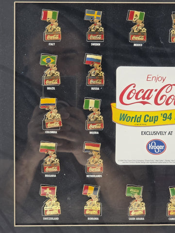 Rare Set 1994 FIFA World Cup USA Ticket Stubs + Coca Cola Pin Set Framed Display