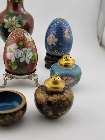 Gorgeous Assortment Of Mid Century  Cloisonne Including Eggs, Vase & Shakers