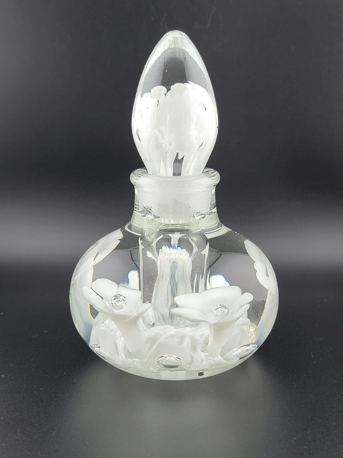 Vintage Joe St. Clair Art Glass Perfume bottle White Flowers Paper Weight Style