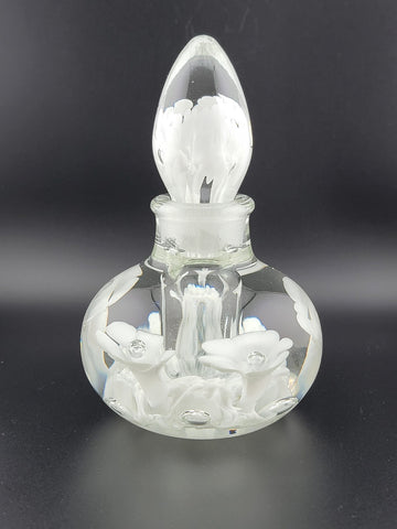 Vintage Joe St. Clair Art Glass Perfume bottle White Flowers Paper Weight Style