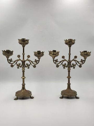 Pair Of Exquisite 19th C Gothic Revival Brass Candelabra W Three Candle Sockets