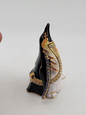 Vintage Penguin Treasure Inside Enameled Rhinestone Trinket Box In Original Box.