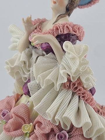 Mid Century Authentic Dresden Lace Porcelain Lady Figurine Rococo Dress Handmade