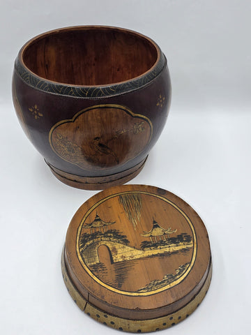 Antique Asian Hand Painted Rice Barrel Wooden Lidded Storage Bucket Bird Pagoda