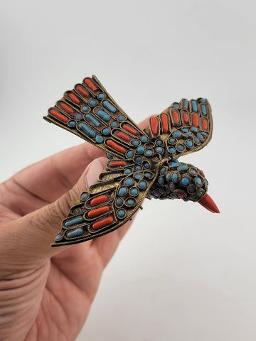 Antique Handmade Brass Turquoise Coral Glass Decorated Bird Ornament Middle East