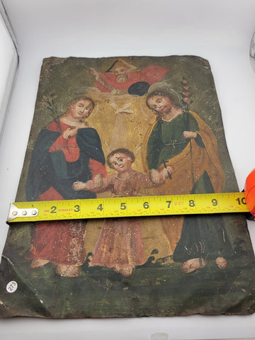 Early 19th Century Spanish Colonial/Mexican Icon Holy Family Oil on Tin Retablo