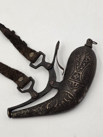 Rare Antique 19th C Ottoman Islamic Bronze Engraved Black Powder Gun Flask.