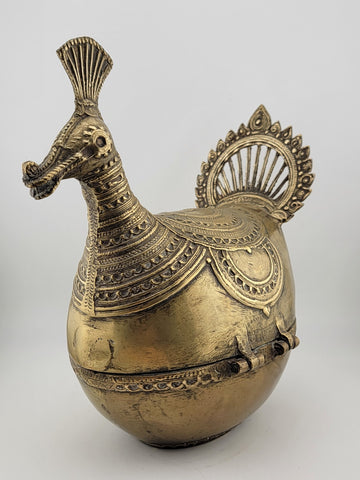 Antique Brass Decorative Indo-Islamic Dhokra Betel Nut Peacock Box With Lid.
