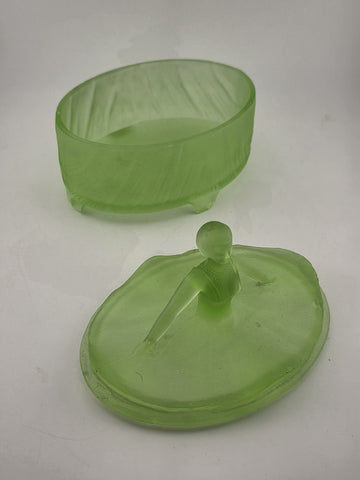 Antique Victorian Lady Uranium Vaseline Glass Trinket Powder Jar Box With Lid