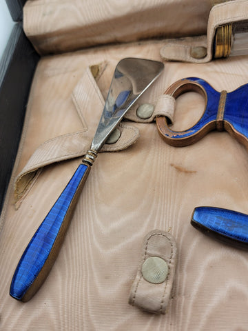 Antique Hard Cased Blue Enameled 1930s Vanity Set. Extremely Rare. VG Condition