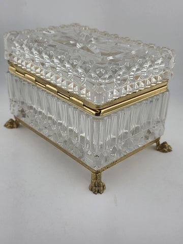French Baccarat Style Jewelry Casket Footed Box Heavy Crystal Glass Hinged Lid