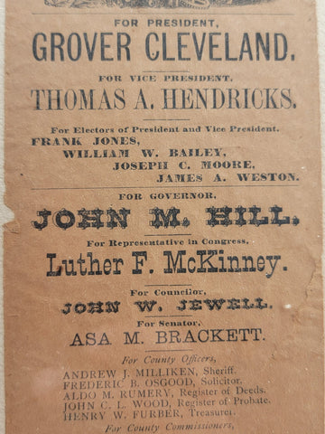 Rare Democratic Ticket President Grover Cleavland New Hampshire 1884 Election