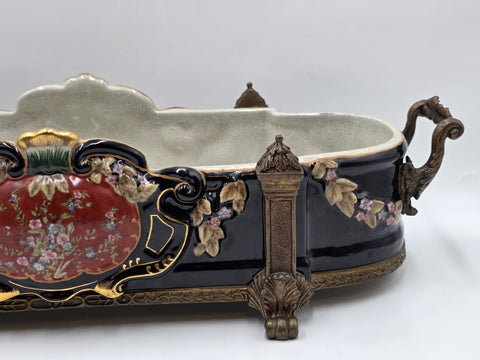 ANTIQUE XL CASTILIAN PORCELAIN BRONZE BOWL CENTERPIECE CLAWFOOT FLORAL VICTORIAN