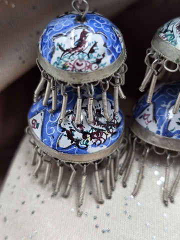 Rare Antique Hand Painted Filigree Silver Lantern Chandelier Dangling Earrings.
