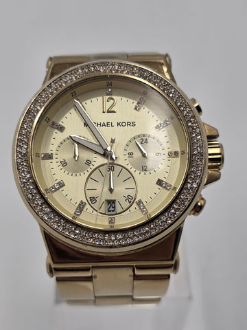 Michael Kors MK5386 Gold Tone Crystal Bezel Chronograph Watch 43mm Date