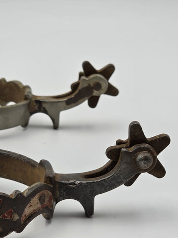 Antique Western Cowboy Spurs Pair Hand Engraved Red Inlay Steel w/ Chains