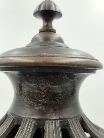 Antique Heavy Bronze Neoclassical Urn Ram Head Handles Pierced Vase Empire Style