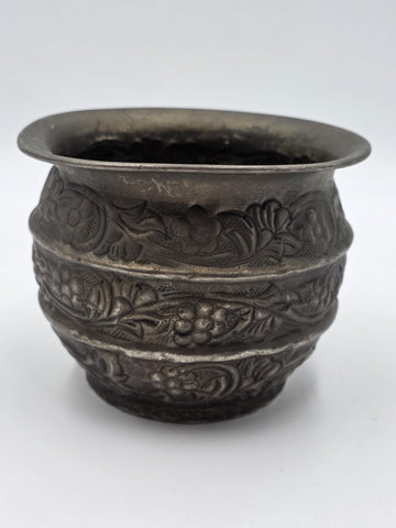 Antique 19th C Hand Chased Silver Tone Metal Bowl Floral Repousse Asian Cachepot