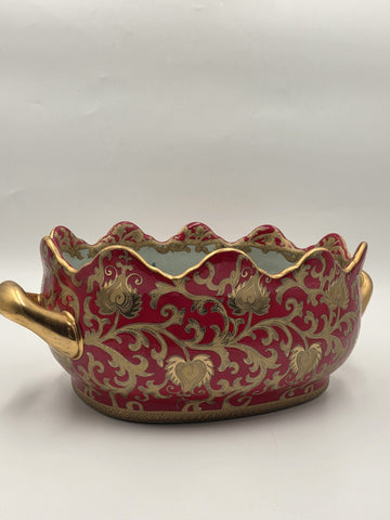 Antique XL Chinese handpainted Red porcelain 24kt gold Oval Footbath, Jardiniere