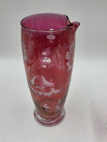 Rare Set Of 8 Antique Edwardian Wine Cranberry Glass Engraved Etched & Pitcher.