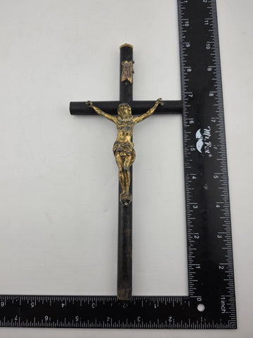 Rare Antique 19th C Crucifix Metal Jesus On Wood Cross W Rare Tips Memento.