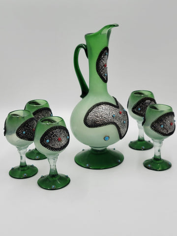 Gorgeous Vintage One Of A Kind Green Emerald Highly Ornate Pitcher & 5 Glasses