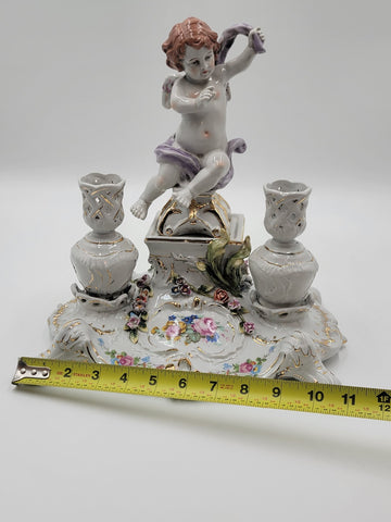 Rare Antique 19th C Porcelain Candle Holder Stand W Cherub & Flowers. Stamped.