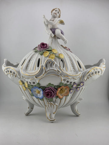 Antique Von Schierholz German Oval Reticulated Footed Bowl Lid & Figured Cherub