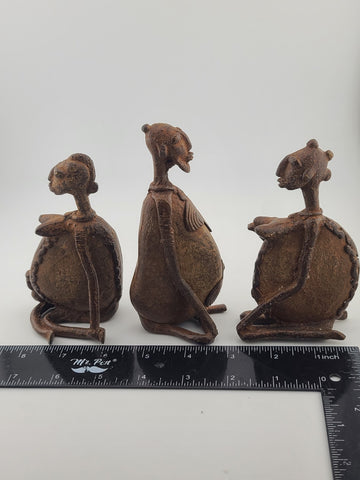 Rare Antique Set Of 3 Sitting Ethnic Tribal People Bronze Dogon Mali Africa