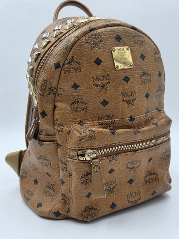 Rare MCM Stark Side & Top Studs Backpack In Cognac Visetos Coated Canvas W5914