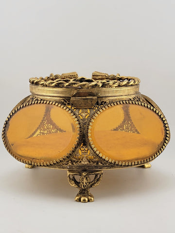 Antique Ormolu Filigree Trinket Casket Vitrine Box, 5-Sided Beveled Amber Glass