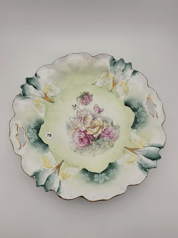 Antique R.S. PRUSSIA RED MARK PORCELAIN Plate w/ ROSES DECORATION & 2 HANDLES