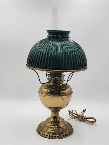 Antique Converted Holmes Booth & Haydens Brass Oil Lamp Ribbed Cased Green Shade